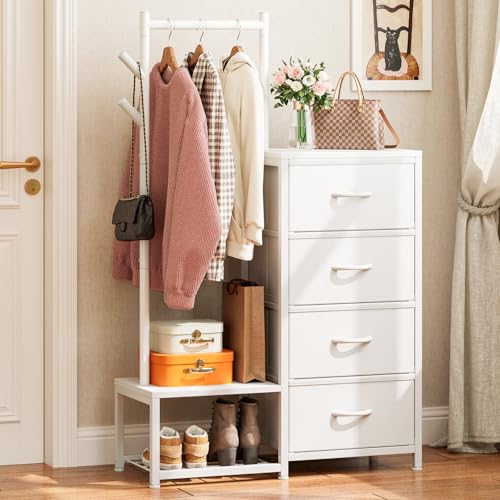 KKL Small Dresser for Bedroom with Clothes Hanging Rack, Reversible Bedroom Dresser with Shoe Rack & 4 Fabric Drawers, 3-in-1 Storage Chest of Drawers with Storage Shelves & Tree Hooks, White