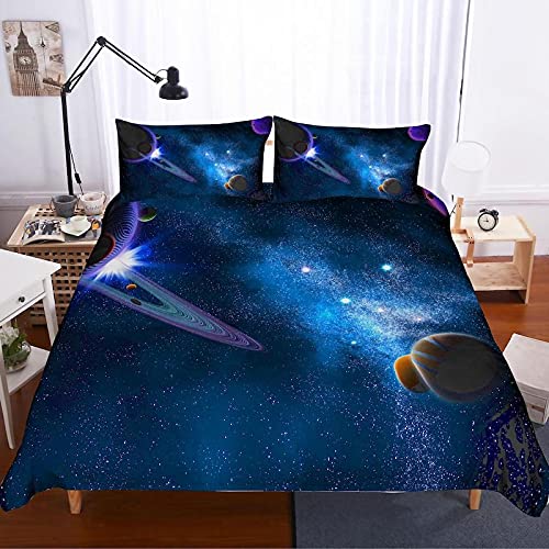 Meimall Juego De Ropa De Cama Azul Cielo Estrellado Planetas Vía Láctea. 240X220 Cm Infantil Con Funda De Edredón Y Funda De Almohada, Juego De Ropa De Cama Para Niña (1 Funda Nórdica + 2 Fundas De Al
