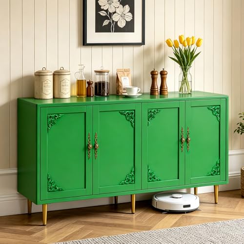 AUN Sage Green Accent Cabinet with Art Deco Carving & Gold Hardware, 58" Wide Sideboard Buffet with Adjustable Shelves, 200lb Capacity Storage Cabinet for Living Room,Kitchen,Coffee Bar