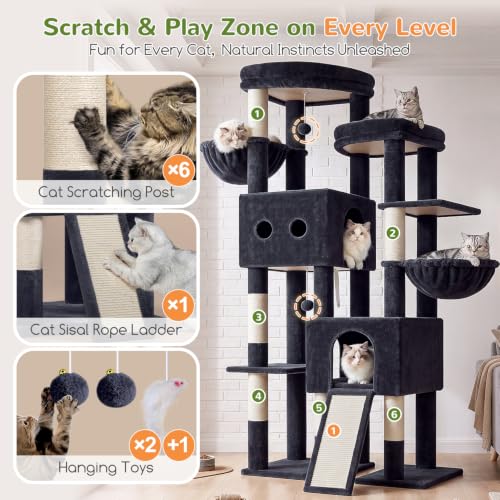 Image of Globlazer Sturdy Cat Tower for Indoor Cats 20lbs, 76in, S76E, Dark Grey | Heavy Duty Cat Tree for Adult Big Cats Maine Coon with Scratching Post, 2 Extra Large Top Perch, 2 Padded Cat Condos