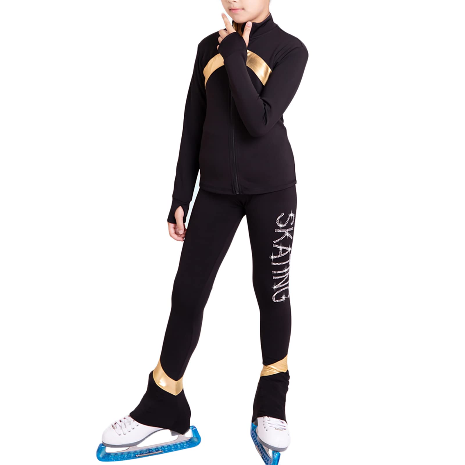 Conjuntos de Chaqueta y Pantalones de Patinaje sobre Hielo para Mujer Traje de Patinaje Artístico Entrenamiento Competencia Ropa de Patinaje(Size:XS,Color:Negro)