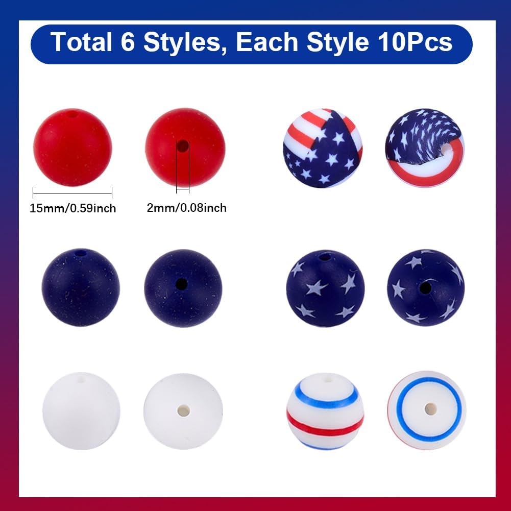 1 Box 60Pcs 6 Styles Patriotic Silicone Beads 4th of July Silicone Beads 15mm Independence Day Red White Blue Round Holiday Star Flag Rubber Spacers for Jewelry Making Bracelet Festive Decor