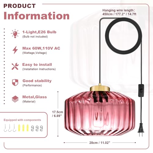 Image of Purple Glass Plug in Pendant Light 11.02 Inch with Gold Mount & Striped Shade, Adjustable Hanging Light Vintage Ceiling Lighting Fixture for Girls Room, Bedroom, Kitchen, Dining Table