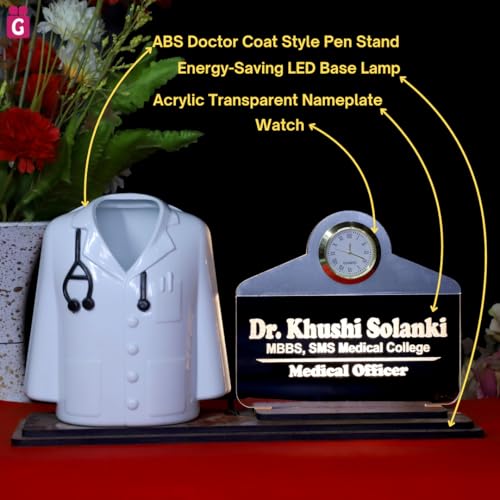 Image of Doctor Coat Pen Stand with LED Name Plate, Clock & Wooden Base | Customized Desk Organizer for Doctors & Medical Aspirants | Apron Shape Pencil Holder with Stylish Name Engraved Plate