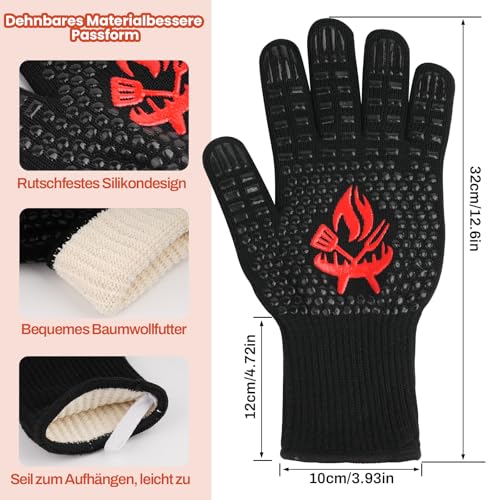 MLACXLT Grillhandschuhe Hitzebeständig bis 800°C – Feuerfeste Ofenhandschuhe & Topfhandschuhe, BBQ Kochhandschuhe, Backhandschuhe für Grill, Küche & Kamin, Rutschfestes Silikon, Schwarz (L)