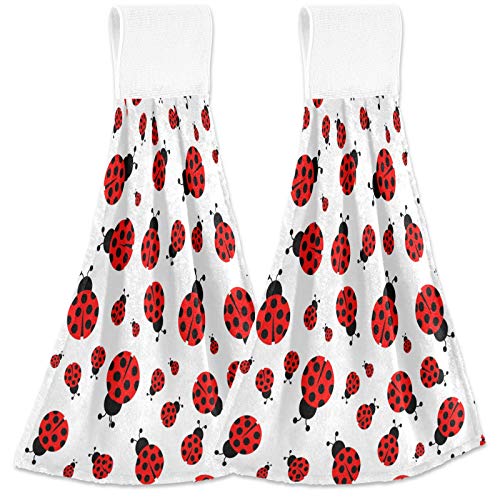 visesunny Cute Ladybug Hanging Tie Towels 2 Pack Kitchen Hand Towels Dishcloths Sets with Loop Soft Cotton Absorbent Hand Towels for Bathroom Gym Restaurant Hotel BBQ Machine Washable