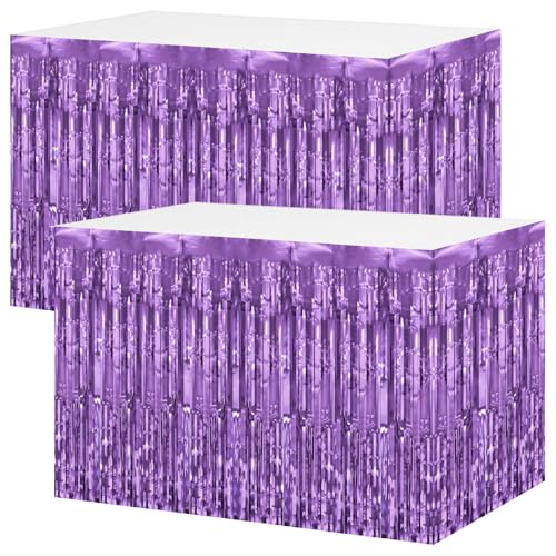 2 Packs Light Purple Table Skirts Metallic Foil Fringe Curtain Tinsel Table Skirt Streamer Backdrop for Mardi Gras Purple Butterfly Birthday Wednesday Wedding Party Decorations, 29.5x108 Inch