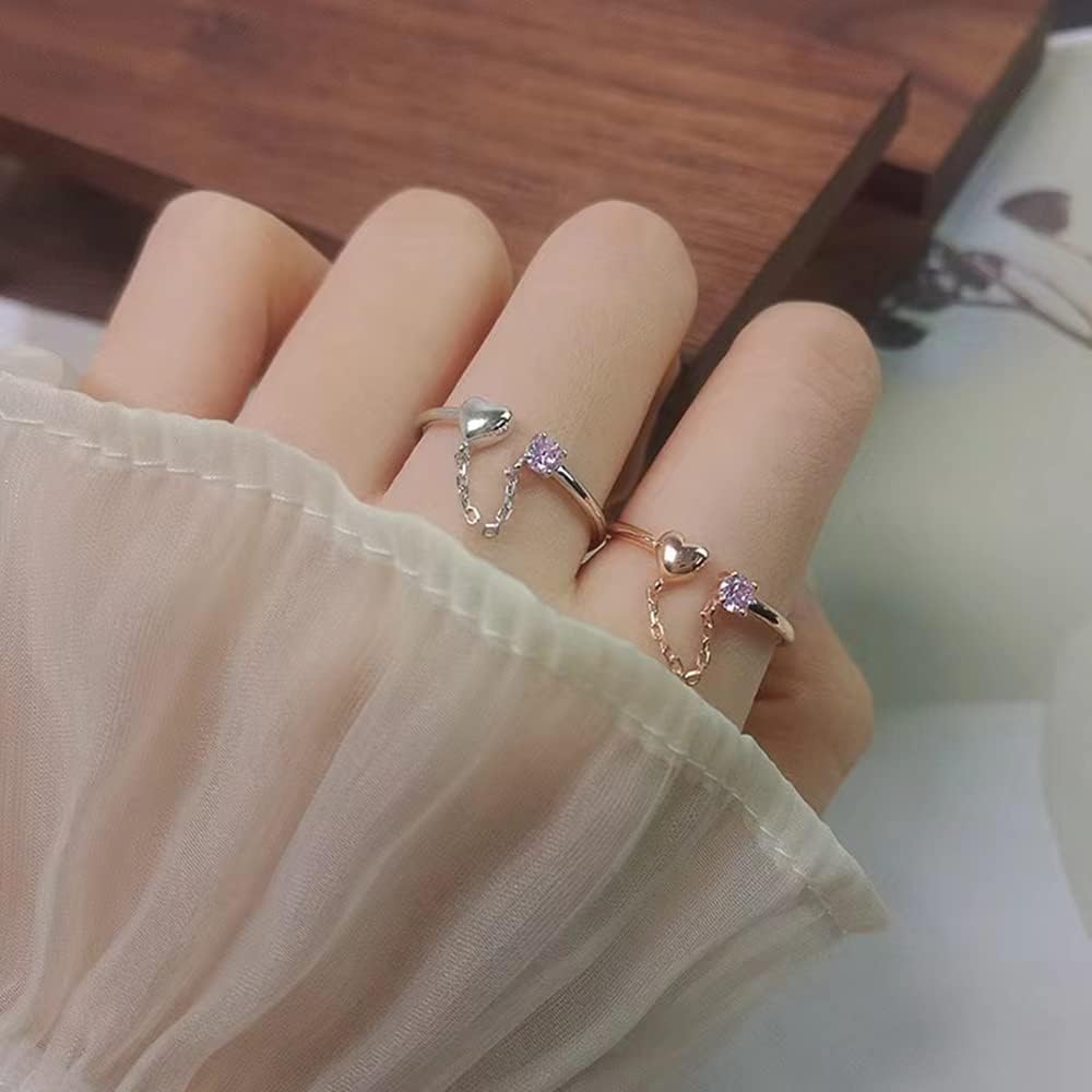Tiny Love Heart with Chain Adjustable Open Ring for Women 925 Sterling Silver Expandable Small Finger Knuckle Pinky Ring Promise Eternity Stacking Ring for Her Birthday Wedding Gifts - Image 5