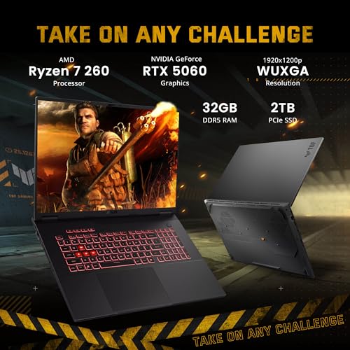 Image of ASUS TUF A18 18 inch WUXGA 144Hz Gaming Laptop, AMD Ryzen 7 260, NVIDIA GeForce RTX 5060 8GB GDDR7, 32GB RAM, 2TB SSD, Backlit Keyboard, FHD IR Camera, Wi-Fi 6E, Windows 11 Pro, Gray, 1TB Docking Station
