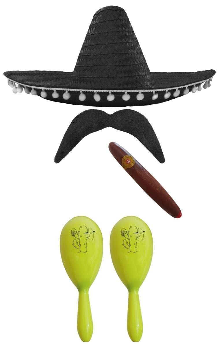 Adults Mexican Accessory Set - Green Mexican Sombrero, Yellow Maracas, Fake Cigar, Moustache - Mexican Cinco de Mayo Sensorita Bandit Mariachi Fancy Dress Costume Accessory Set — image 1