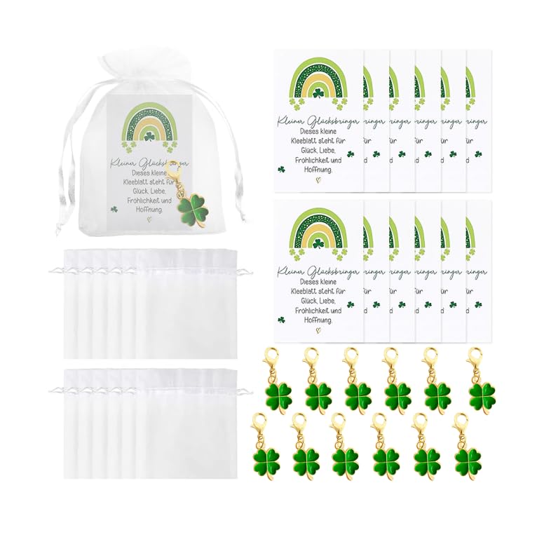 HSYWSH Lot de 12 Porte-clés Trèfle à Quatre Feuilles Porte-Bonheur, Pendentifs à Quatre Feuilles avec Carte de Vœux et Sachets Organza, Coffrets Cadeaux...