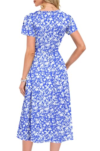 MOLERANI Damen Sommerkleider Knielang Rundhals Blumenmuster Freizeitkleid Elegant Kleider Loose Swing Damenkleid Casual Midikleid mit Taschen Blau Weiß Blumenmuster L 4