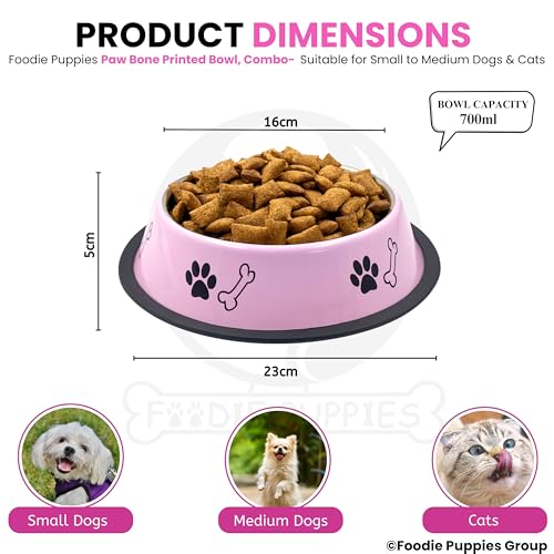 Image of Foodie Puppies Stainless Steel Dog Bowl Combo - (Medium, 700ml) Food and Water Feeding Gift Bowl | Suitable for Dogs, Cats and Other Pets I Paw Bone Print, Anti-Skid Rubber Base (Pink + Black)
