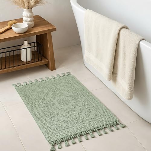 Savi Home Cotton Woven Jacquard Bathroom Rug, Woven Fringe Bathroom Mats, 100% Cotton, Non - Slip Bath Mat, Durable Thick Bath Mat 20”x38” with Fringes, Sage Green