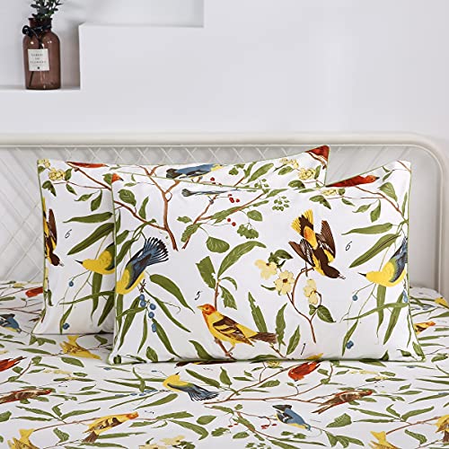 Winlife Birds Bed Sheets Set Cotton Percale Green Leaves Countryside Farmhouse Bedding Set Deep Pocket Sheets Set 18 Inches Bed Set (Fitted Sheet + Flat Sheet + 2 Pillowcases), Queen, Birds #TOP5