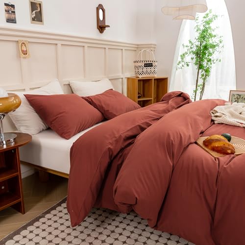 Image of ECOCOTT Duvet Cover Queen Size - Linen Feel Organic Natural 100% Washed Cotton, Soft Breathable 3 Pieces Bedding Set with Zipper Closure, Burnt Brick Red