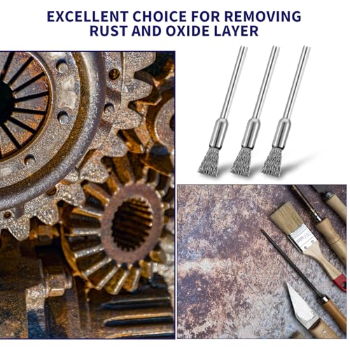 Image of Xindojuz 15 PCS Small Wire Brush, Stainless Steel Wire Brushes Extended Cleaning Rust End Brushes, 3 mm Mandrel Rust Paint Removal Bits Polishing Rotary Tool Accessories (8 mm End Scrub)