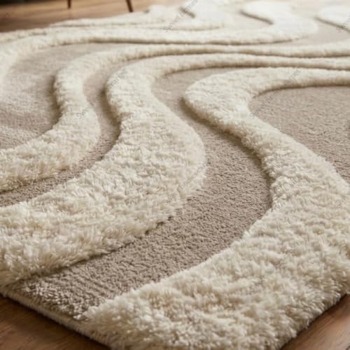 Image of SWEET HOMES Luxury Abstract Shag Rug, Thick Soft Area Carpet for Living Room, Bedroom, 12 x 18 Feet (366 x 549 cm), Beige & Ivory