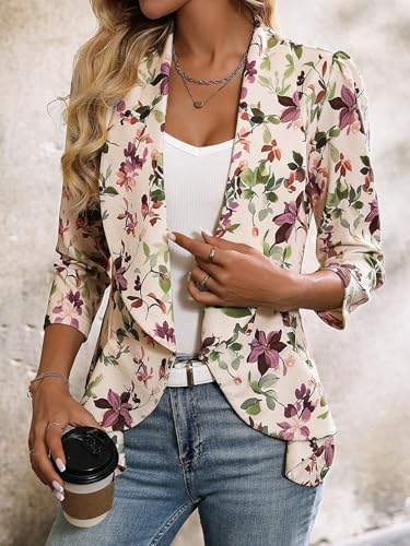 Blazers for Women 2025 Elegant Floral Print Ruffle Hem Cinched Waist Open Front Blazer Jacket Trendy Jacket3