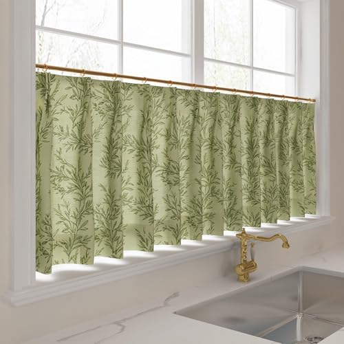 Image of TWOPAGES Pinch Pleat Leaf Print Cafe Curtains, Jade, 52W x 30L