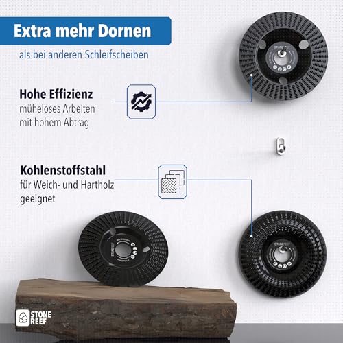 Holz Schleifscheibe 125mm [3 teiliges Set für Winkelschleifer] - Lackfräse - Holzfräser - Wurzelfräse - Diamant Schleifscheibe für Schleifen, Fräsen, Schnitzen