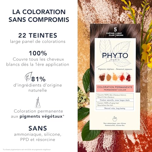 Phyto Paris – Coloration Permanente 5 Châtain Clair – Couleur Intense, Naturelle et Lumineuse – Couvre les Cheveux Blancs – Enrichie en Pigments Végétaux – Kit Complet Usage Unique – vue 2