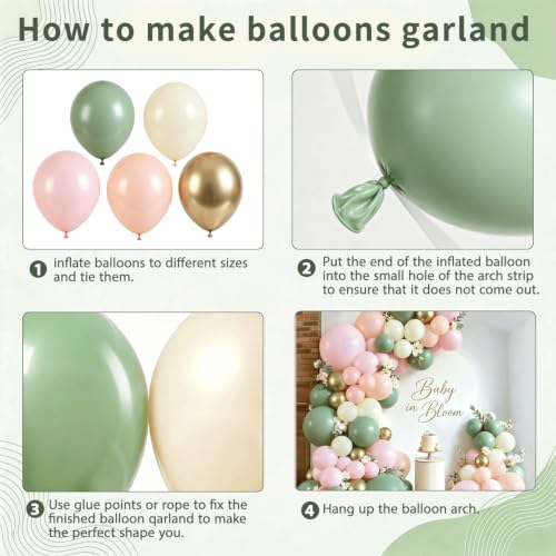 Image of Zesliwy Green Cream White Pink Gold Balloon Arch Kit, Latex, Party Decor