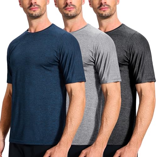 E-LIINJOYE Paquete de 3 camisetas de secado rápido que absorben la humedad para hombre, ligeras y transpirables, camisetas deportivas para gimnasio, correr, manga corta, Negro, gris claro, azul oscuro