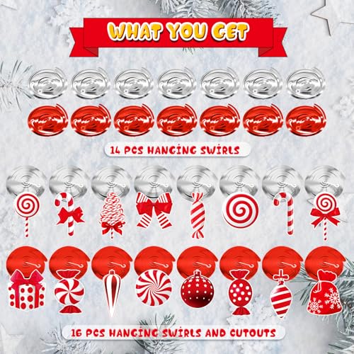 Image of Christmas Hanging Swirls Decorations - Red White Christmas Party Decorations Xmas Peppermint Candy Cane Hanging Ceiling Decor for Home Xmas Winter Holiday Party Decor