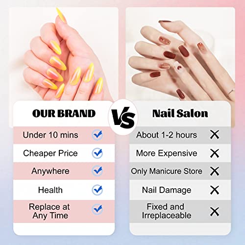 Press On Nails Almond Shape Medium, Orange Gradient Fake Nails For Women Fit Natural,Stick On Nails Acrylic Reusable, 24Pcs & 12Size Glossy False Nails With Design Glue Art Kit #TOP25