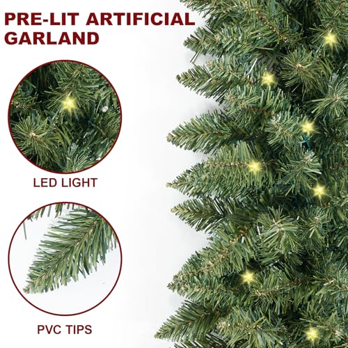 9 FT Pre-lit Christmas Garland Holiday Artificial 50 Led Light for Stairs Wall Door Indoor Outdoor Garland with Battery Operated Timer, for Home Decorations Fireplaces