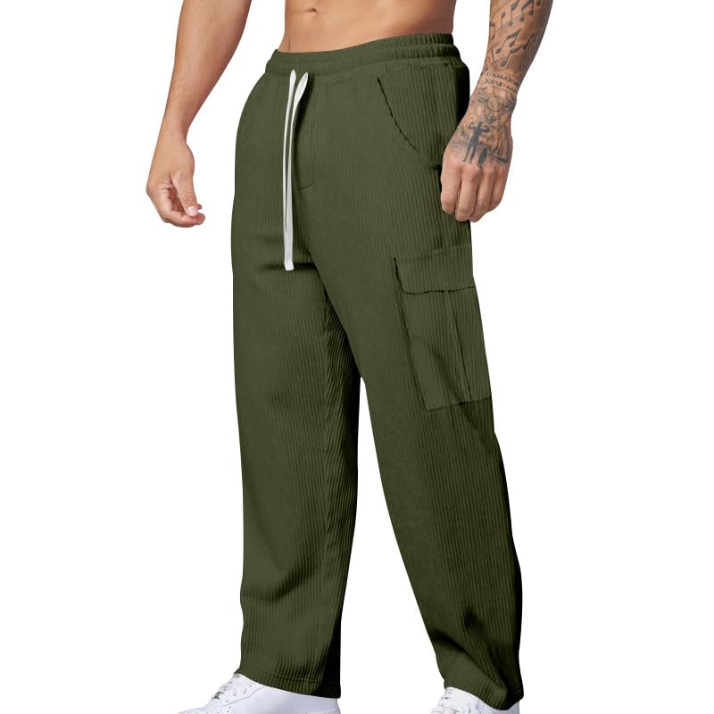 Men's Casual Cargo Drawstring Pants Elacstic Waist Solid Color Trousers with Pockets Straight Leg Trendy Outfits Fashion Loose Fit Relaxed Sweatpants Green 3XL