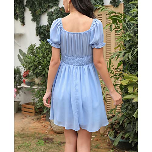 Exlura Womens Summer Dress Short Smocked Ruffle Sundress Off Shoulder Ruched Flowy Smocked Swing Mini Dresses Blue #TOP3