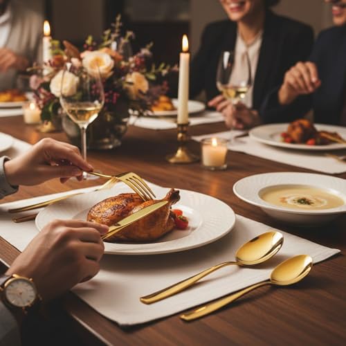 Image of 20 Pcs Gold Mirror Polish Stainless Steel Cutlery Set for Dining Table with Spoons and Forks Set + Butterknives - The Perfect Tableware /Flatware