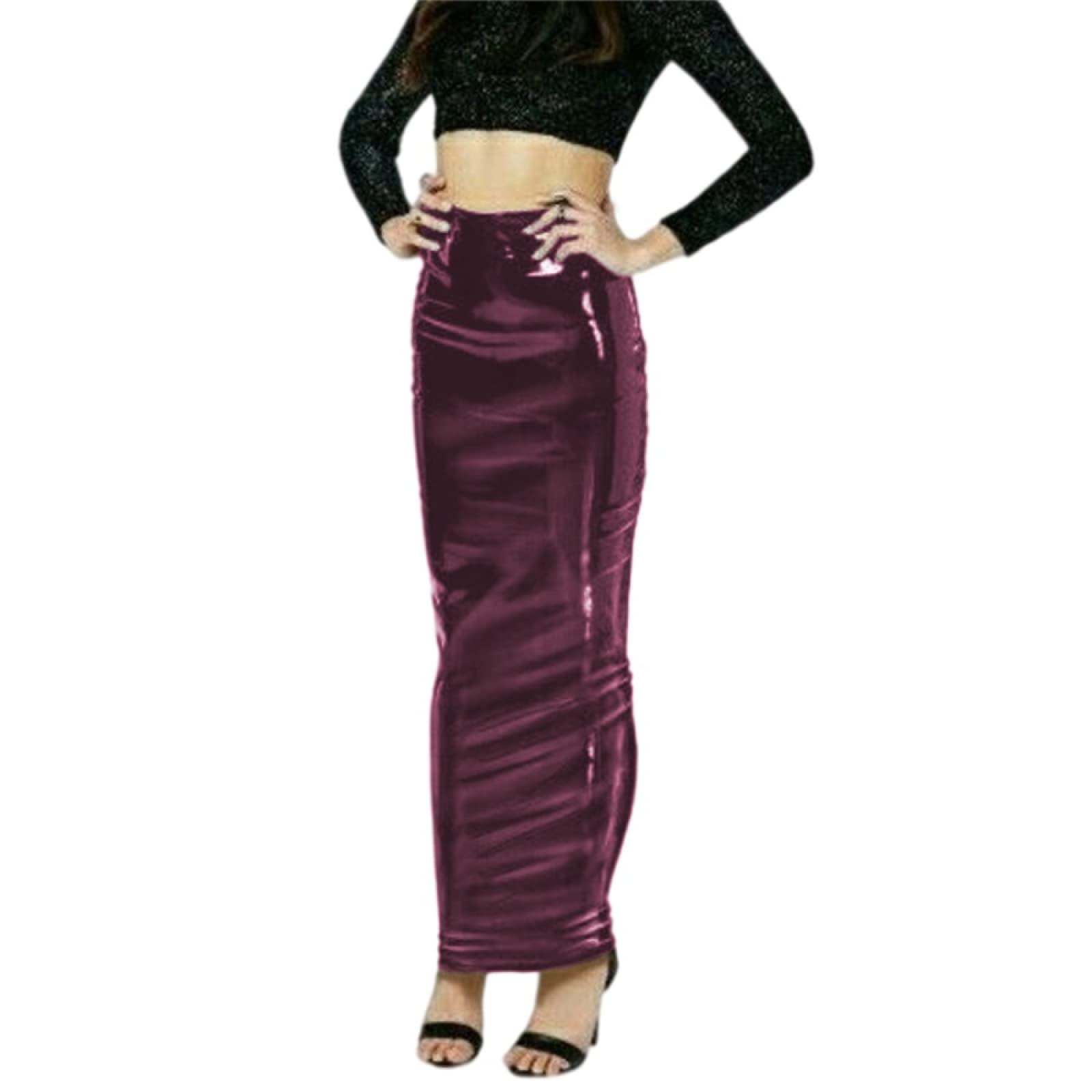 Jupes en latex pour femme - Taille haute - En cuir synthétique brillant - En PVC, rouge foncé, Small