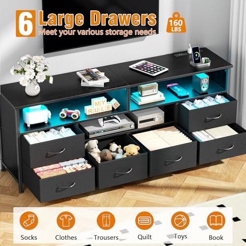 Image of Furologee 55 inch LED TV Stand for Bedroom, Entertainment Center with 6 Fabric Drawers for 50 55 60 Inch TVs, Dresser TV Stand Console Media Table with Power Outlets for Living Room, Black