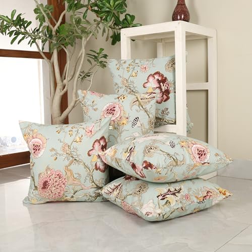 Image of Clasiko Cotton Cushion Covers Set of 5; 12x12 Inches; Blush Green