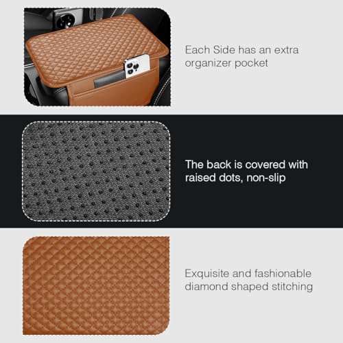 Image of Lyrovo PU Leather Car Armrest Cushion Pad With Side Pockets, Universal Fit for All Car (Brown)