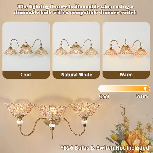 Image of Vintage Bathroom Vanity Light, 3-Light Matte Deep Brass Finish Vanity Light with Flower-Shaped Amber Glass Shades, Retro Wall Sconce for Bathroom
