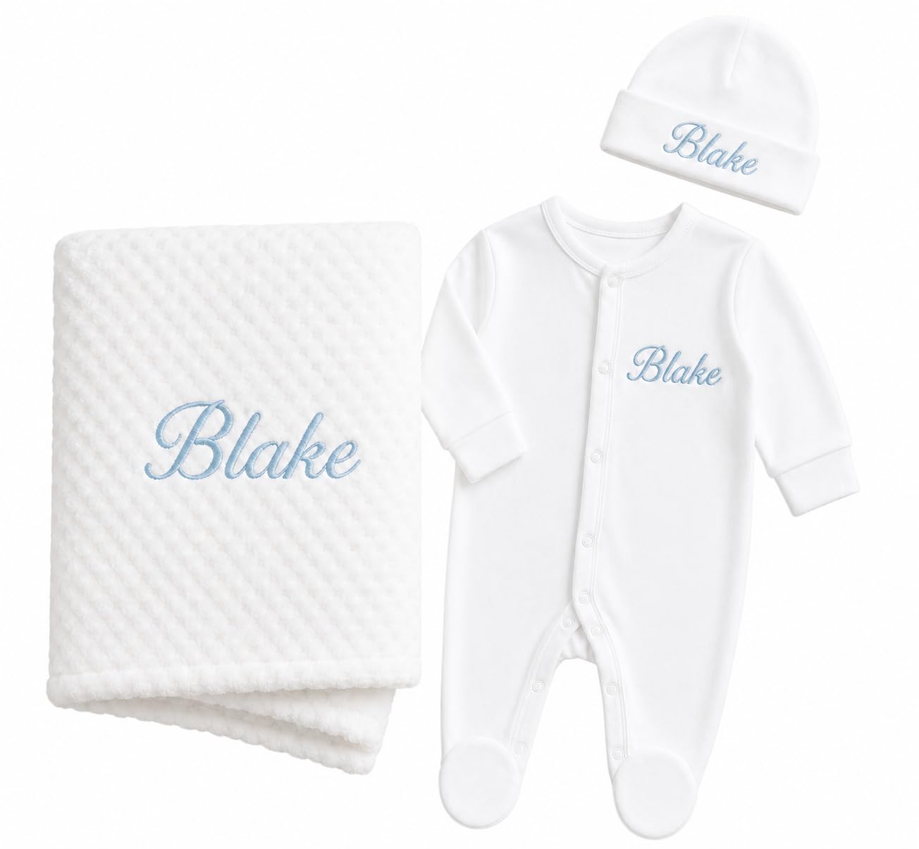Lobeko Personalised Baby Gift Set for Newborn Baby, Embroidered Waffle Blanket, Cotton Sleepsuit & Hat 0–3 Months – Custom Baby Name for Boys, Girls & New Parents (Blue Thread Colour)