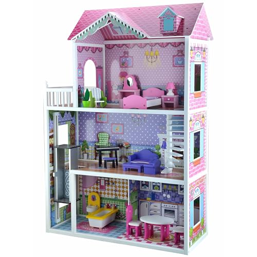 4iQ Group Puppenhaus aus Holz 124x34x84cm - Puppenhaus ab 3 Jahre Mädchen - Puppenhaus Groß XXL mit 3 Etagen und Aufzug - Dollhouse mit Möbeln und Zubehör, Z005965, Rosa