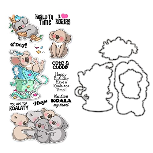 Animals Dies and Stamp Sets for Card Making DIY Scrapbooking Koalas Metal Cutting Die and Transparent Silicone Seal Stamping Stamp for Paper Crafting Handmade Crafts Koala-Ty Time Words Stamps