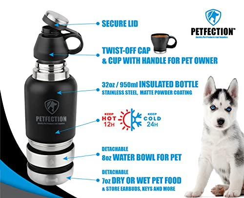 PETFECTION 3 in 1 Portable Dog Travel Water Bottle with Two Detachable Water & Food Bowls, 32oz Stainless Steel Insulated Travel Water Bottle Dispenser for Dogs with Carrying Sleeve - Image 3