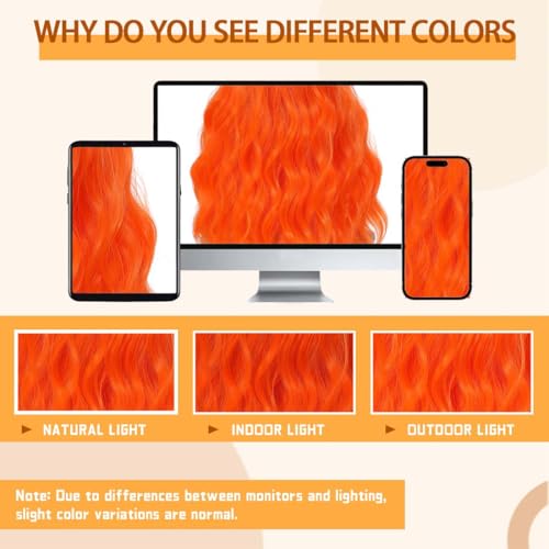 Image of Pastel Bright Orange Wavy Bob Wig for Women, Short Shoulder Length Synthetic Wig with Bangs, Matte Natural Realistic Look Lightweight Hairpiece, Orange Color for Gift & Cosplay Costume