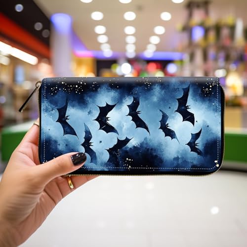 Wallet,Leather Long Wallet Suitable For Ladies And Teenagers - Detachable Wristband + RFID Travel Wallet With Card Slot - Bats Flying at Night4