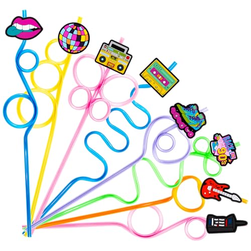 SODWINCO 24 90s Drinking Crazy Straws for Kids | 90s Themed 90's 80s Birthday Party Supplies Favors Decorations with 24 PVC Charm, 2 Cleaning Brushes Reusable Straw