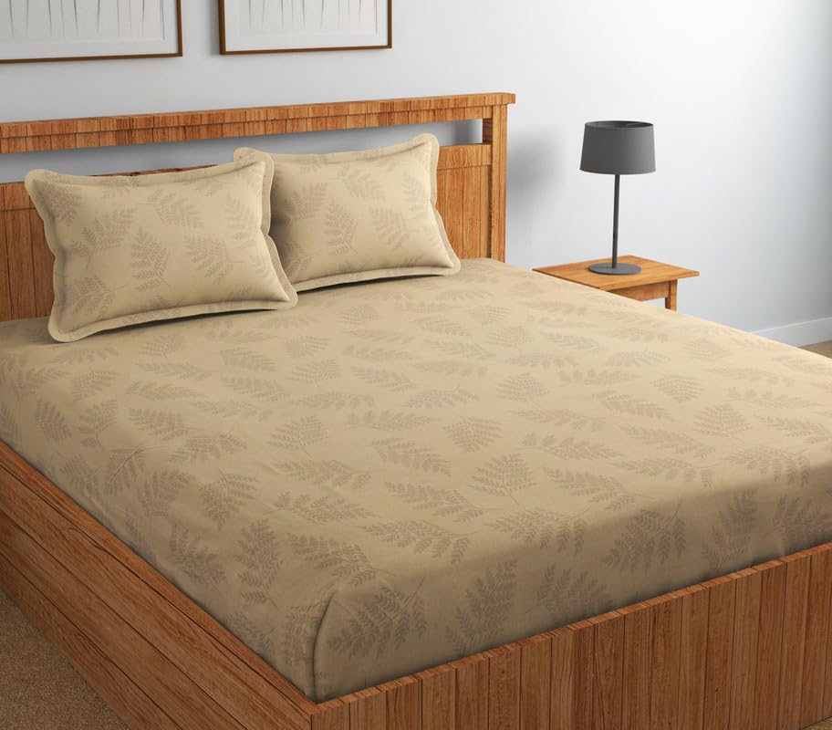 NEW LEAF Premium Pure Cotton 220 TC Flat Double Bed Bedsheets for Summer Breathable | Wrinklefree (Size-220 x 230 Cm) with 2 Pillow Covers (Size-17 X 27 Inches, Beige)