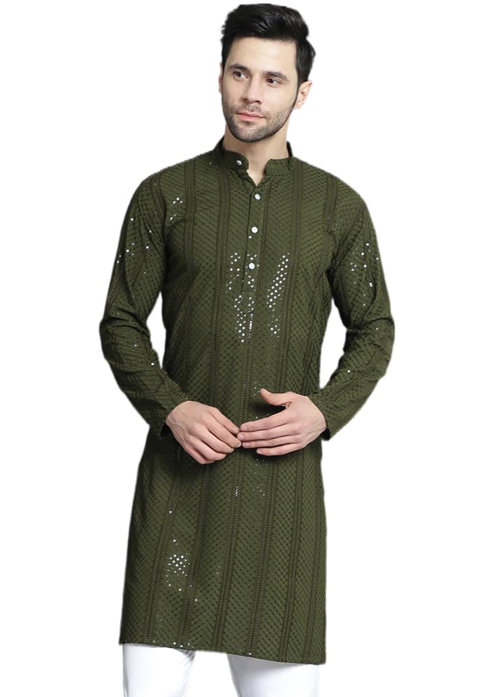 Jompers Men's Sequins Chikankari Embroidered Kurtas (Mehndi, S)