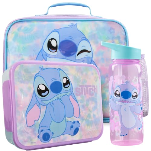 Get Trend Disney Stitch Bolsa Térmica Infantil 3 Piezas, Lunch Bag 5 L, Botella 640 ml y Bento Box 2 L con Compartimentos, Sin BPA, Set Merienda Escuela y Colegio, Regalo Niña (Turquesa/Rosa Stitch)