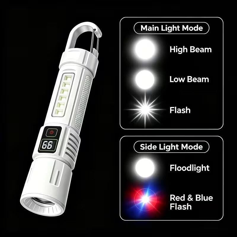 Image of Smiling Shark M60 Rechargeable LED Torch Light with Digital Battery Display High Power Zoomable Flashlight 7 Modes USB Charging Long Range Beam Portable Emergency & Camping Torch(White)